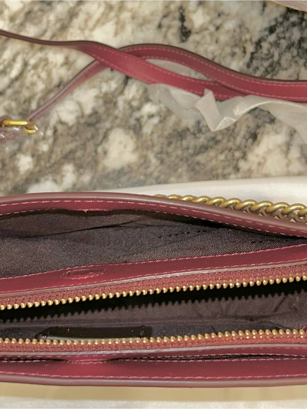 Coach Crimson Leather Crossbody with Gold Chain Strap